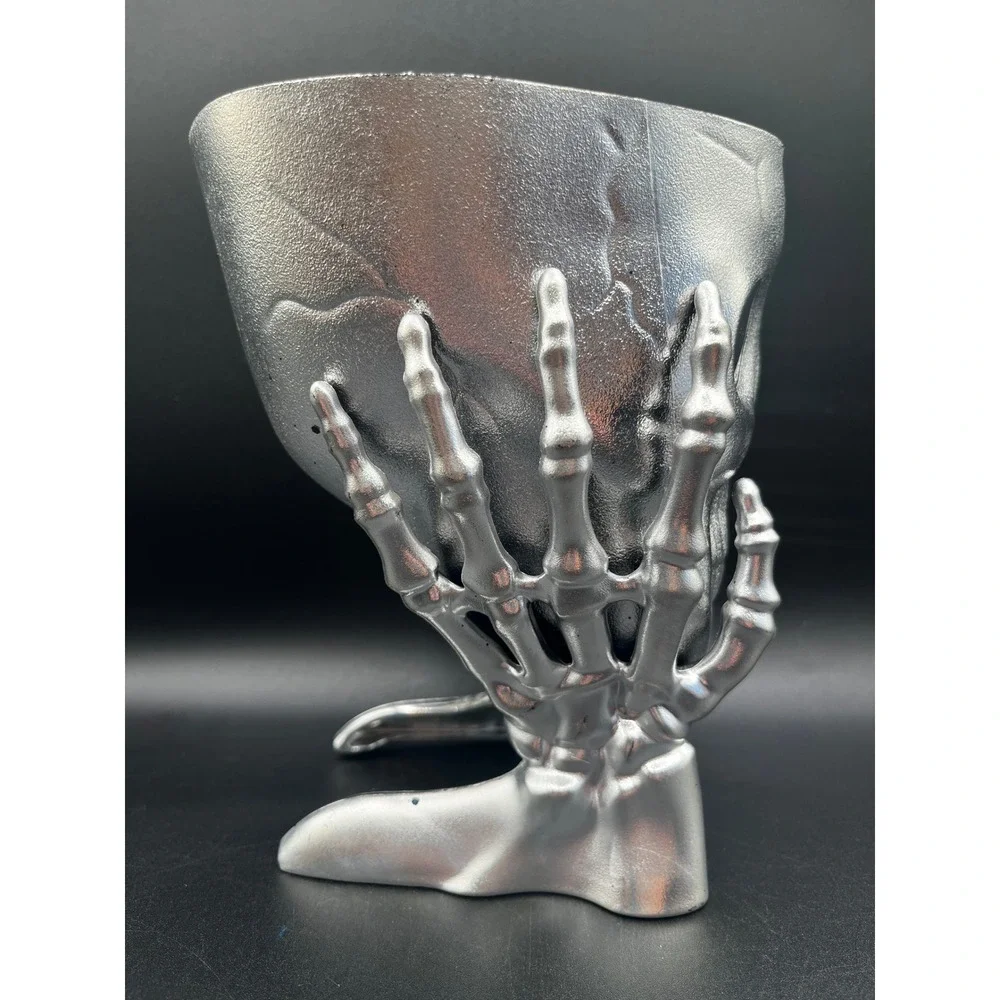 Silver Skull Bowl Skeleton Hands Decorative Halloween Goth Centerpiece 7
